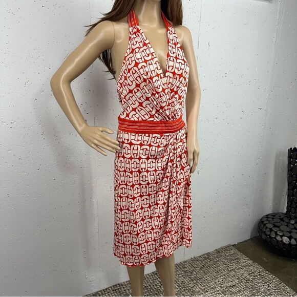 Trina Turk Women’s size 6 Off White Orange Silk Chain Link Halter Dress - Picture 1 of 12